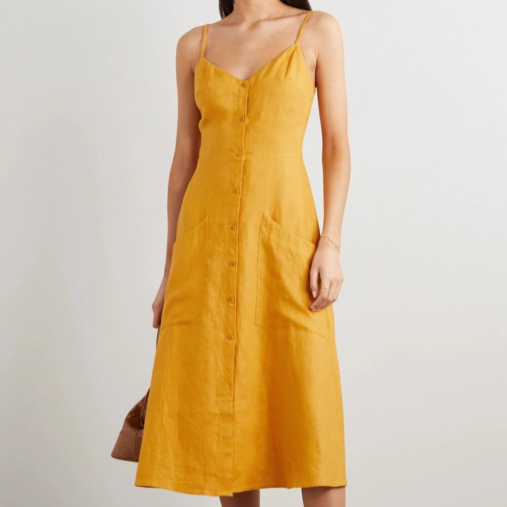 *NWOT* Reformation Parke Linen Midi Dress Yellow Button Front Sundress Pockets